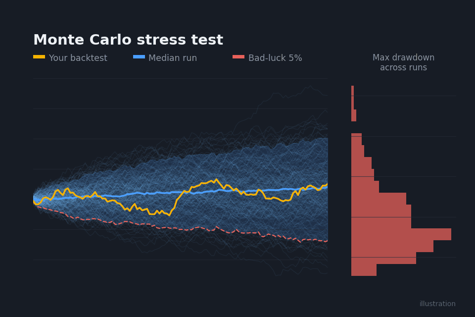 Monte Carlo fan chart with drawdown distribution